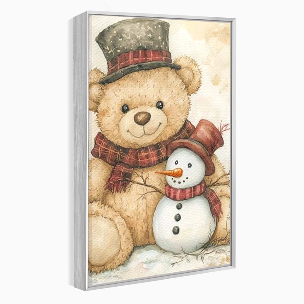 Tablou canvas cu ilustratie cu ursulet si om de zapada, in rama de aluminiu argintiu